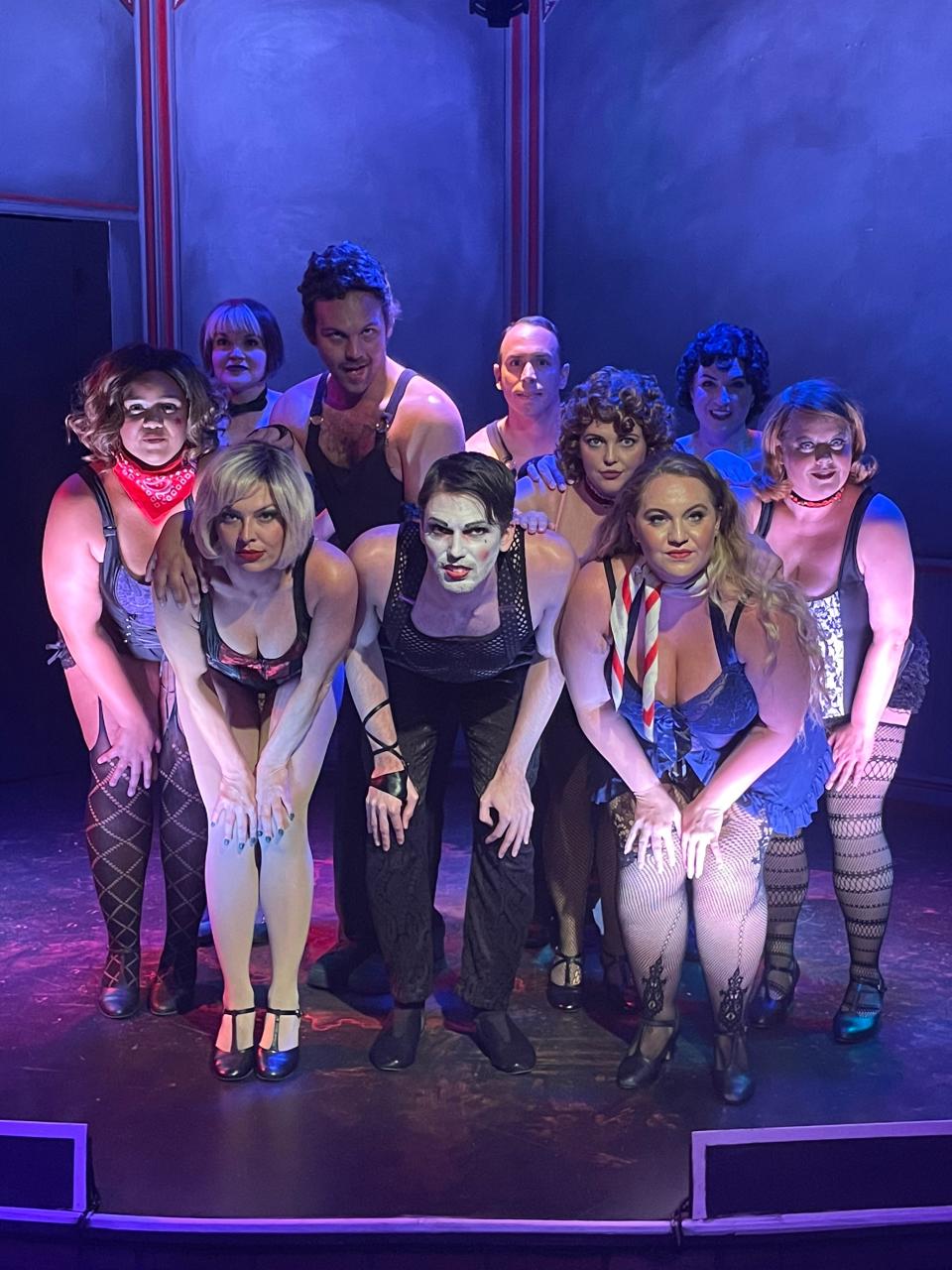 In the center front, Amanda Edmonds-Telebrico plays "Sally Bowles" and Justin Rupp plays the "Emcee," surrounded by Kit Kat Klub performers Holly Karnes, Tyler Mattingly, Thony Nel, Sarah Lawrence, Alex Robinson, Tori Huss, Melissa Cuevas and Grace Lenke in the musical "Cabaret." The show is playing at Melbourne Civic Theatre through Sept. 10, 2023. Visit mymct.org.