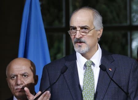 Syrian government's head of delegation, Bashar al-Jaafari attends a news conference after a meeting on Syria at the European headquarters of the United Nations in Geneva, Switzerland, April 15, 2016. REUTERS/Denis Balibouse