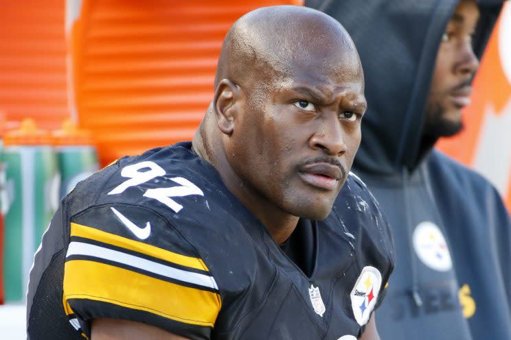 James Harrison was one of the NFL players who participated in an arm-wrestling tournament in Las Vegas. (AP)