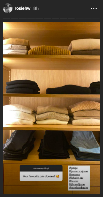 <p>Famous for her muted nude, camel, grey and black wardrobe colour palette, we're overjoyed we finally got a glimpse inside the model's wardrobe during lockdown.</p><p>On Monday November 16, the mother-of-one shared a screenshot on Instagram Stories of a shelving unit which is home to her perfectly-folded knitwear and trousers, including items from the likes of Khaite, Paige and Mother Denim.</p><p>Oh, to have a wardrobe that looks as clean and minimal as this! </p>