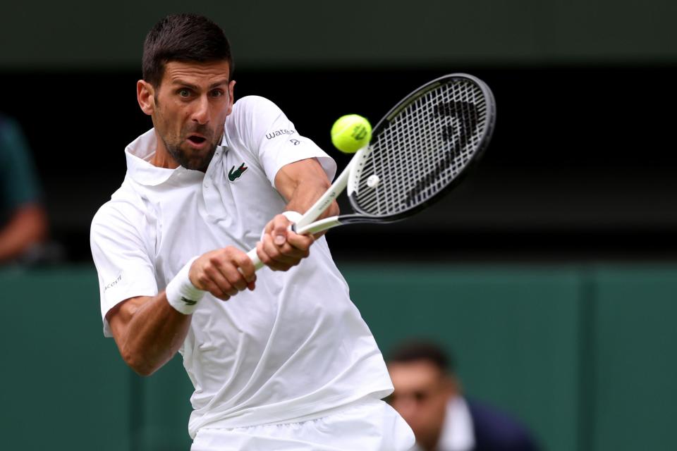 3rd July 2023; All England Lawn Tennis and Croquet Club, London, England: Wimbledon Tennis Tournament; Novak Djokovic during his match with Pedro Cachin in mens singles