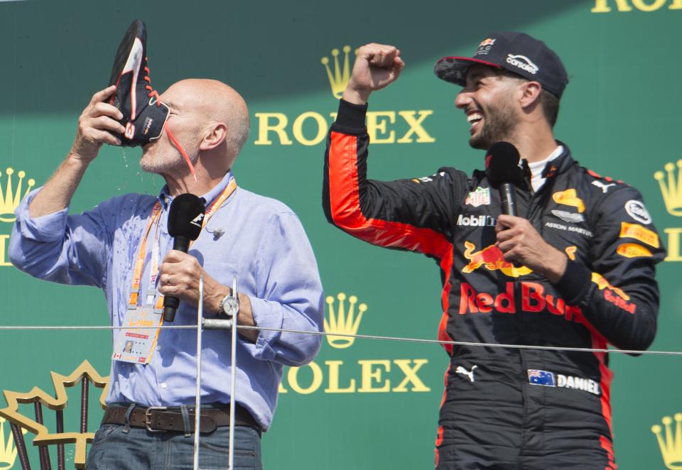 Good for the sole: Sir Patrick Stewart indulges in ‘shoey’ action during last year’s Canadian Grand Prix podium ceremony (even though Daniel Ricciardo hadn’t even won…)