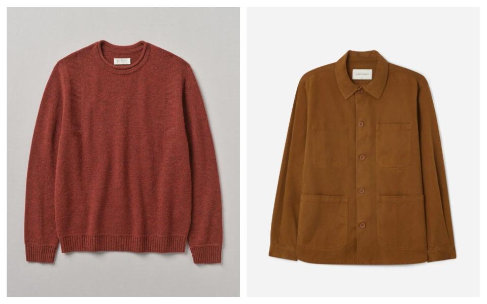 Wool cashmere sweater, £245, Toast; Lyocell overshirt, £145, A Day’s March