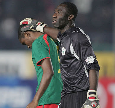 2006 African Cup of Nations quarter-final - Cameroon vs Ivory Coast<br><br>Cameroon and the Ivory Coast played out 1-1 draw in the 2006 African Cup of Nations quarterfinal, so the match went to penalties. The shootout went through both teams, with all 22 players scoring. But on the second turn, Cameroon striker Samuel Eto'o missed his atttempt and Ivory Coast striker Didier Drogba converted his to send his side into the semifinal.