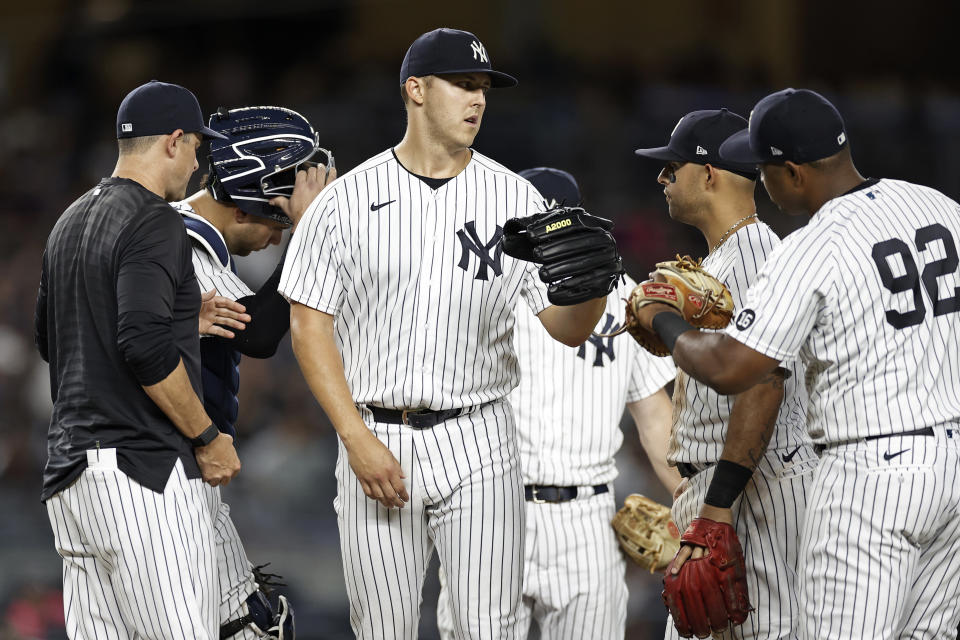 New York Yankees pitcher Jameson Taillon heads to the dugout after being removed the baseball game against the Boston Red Sox during the sixth inning Sunday, July 18, 2021, in New York. (AP Photo/Adam Hunger)