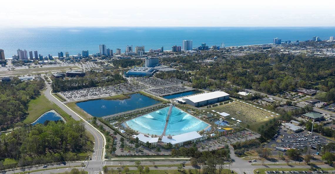 An artist’s rendering of a proposed man-made surf park expected to open in Myrtle Beach in summer 2024.