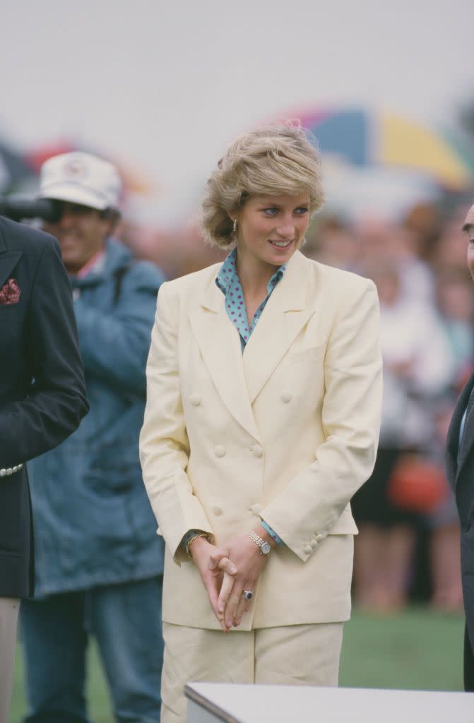 <p>Diana wore this white double-breasted blazer to a summer polo match in Windsor back in July 1987.</p>