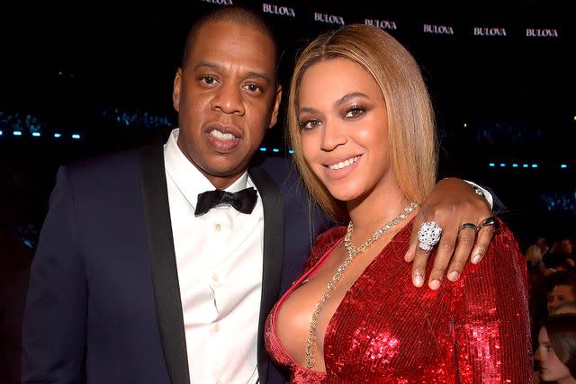 <p>Lester Cohen/Getty Images</p> JAY-Z and Beyoncé in Los Angeles in February 2017