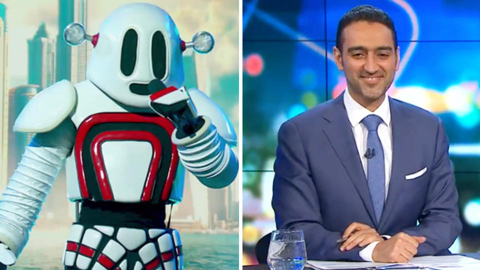 A photo of Waleed Aly alongside a photo of the Robot on The Masked Singer.