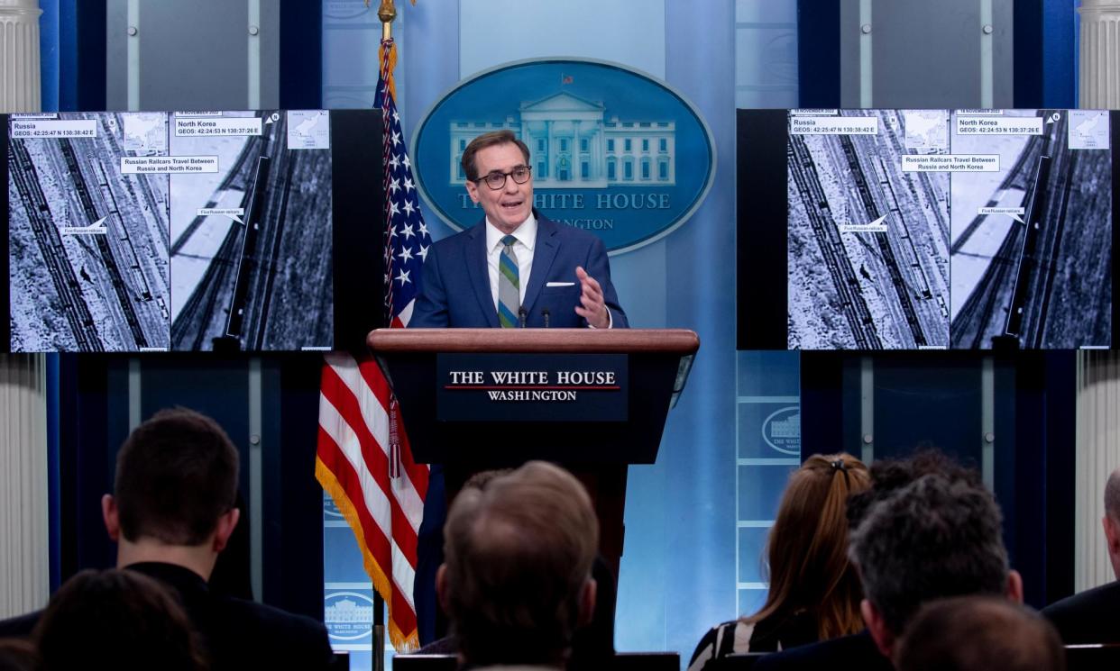 <span>The national security spokesperson, John Kirby, speaks beside images allegedly showing North Korean arms being transported to Russia, on 20 January 2023.</span><span>Photograph: Michael Reynolds/EPA</span>