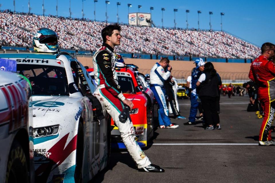 Chandler Smith leans against his No. 16 Chevrolet after the NASCAR Xfinity Series race at Las Vegas