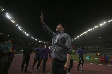 Liu Xiang attends his retirement ceremony in Shanghai May 17, 2015. REUTERS/Aly Song