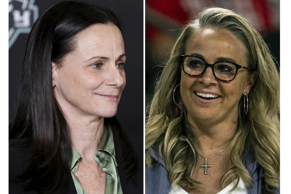 FILE - New York Liberty head coach Sandy Brondello, left, listens during a WNBA basketball news conference in New York, Thursday, Feb. 9, 2023. Las Vegas Aces head coach Becky Hammon, right, smiles during a WNBA basketball game against the Atlanta Dream in College Park, Ga., Friday, June 2, 2023. Becky Hammon sent Sandy Brondello a text before the season started with a simple few words: “This is about to be fun.” (AP Photo/File)