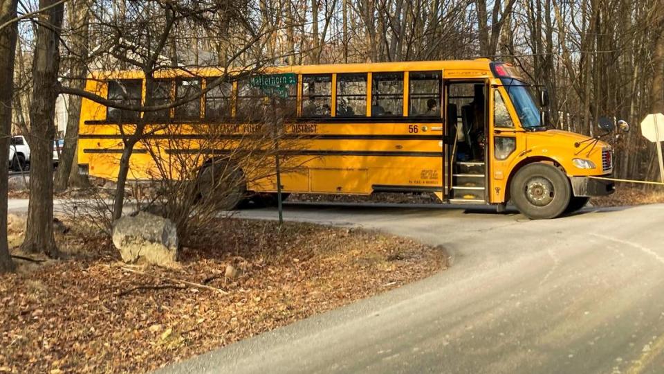 A Pleasant Valley School District school bus makes its afternoon drop-off at a corner stop in Bryan Kohberger’s old neighborhood in Effort, Pennsylvania, on Feb. 2, 2023. Students would commonly ride the bus into high school, one of Kohberger’s classmates said.