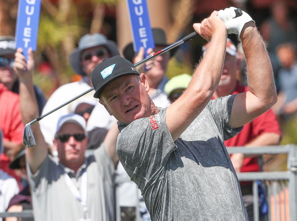 Ernie Els tees off on the 10th hole during the Galleri Classic at Mission Hills Country Club in Rancho Mirage, March 24, 2023. 