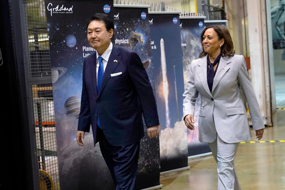 Vice President Kamala Harris, right, walks with South Korea's President Yoon Suk Yeol, left, during a visit to NASA's Goddard Space Flight Center in Greenbelt, Md., Tuesday, April 25, 2023.