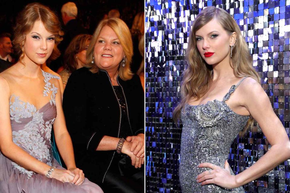 <p>Christopher Polk/ACMA2010/Getty; Kevin Mazur/WireImage</p> Taylor Swift and her mom, Andrea.