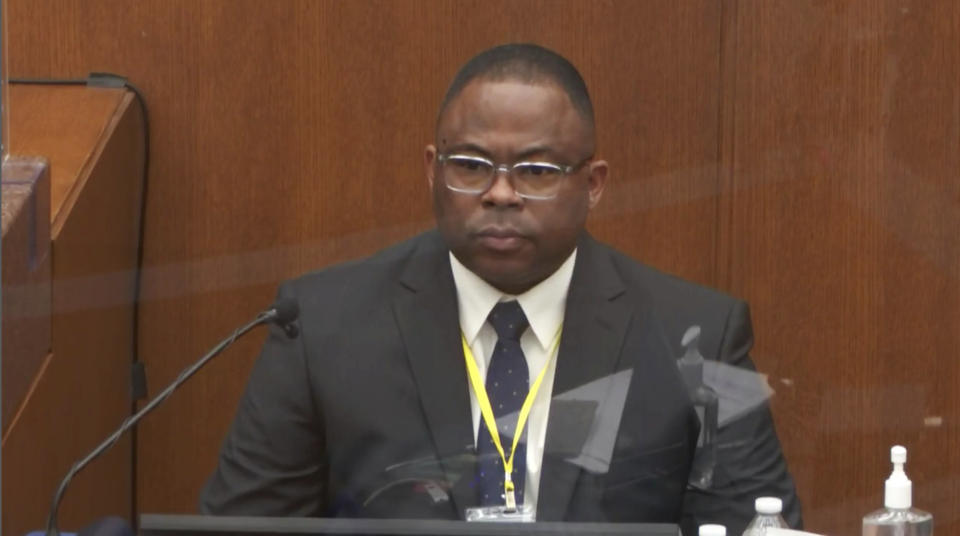 In this image from video, witness Jody Stiger, a Los Angeles Police Department sergeant testifies as Hennepin County Judge Peter Cahill presides Wednesday, April 7, 2021, in the trial of former Minneapolis police Officer Derek Chauvin at the Hennepin County Courthouse in Minneapolis. Chauvin is charged in the May 25, 2020 death of George Floyd. (Court TV via AP, Pool)