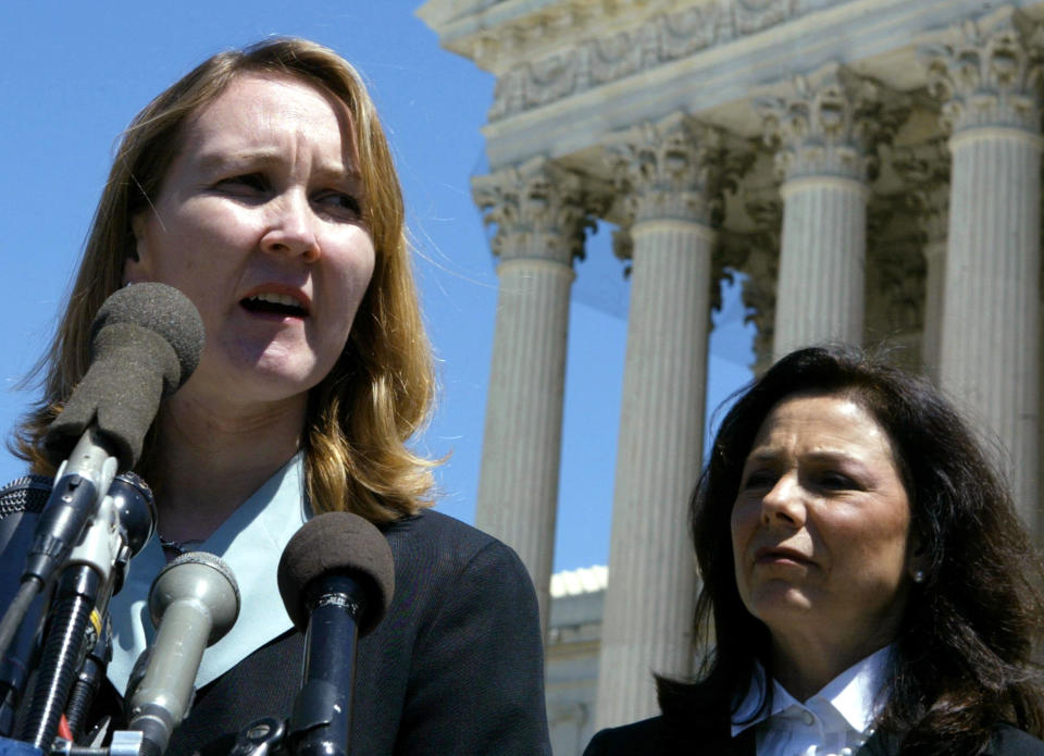 Jenny Martinez (L), Dean of Stanford Law School and Donna Newman, lawyers for detained U.S. terrorism suspect Jose Padilla, speak in front of the U.S. Supreme Court April 28, 2004 in Washington, DC. (Mark Wilson/Getty Images)