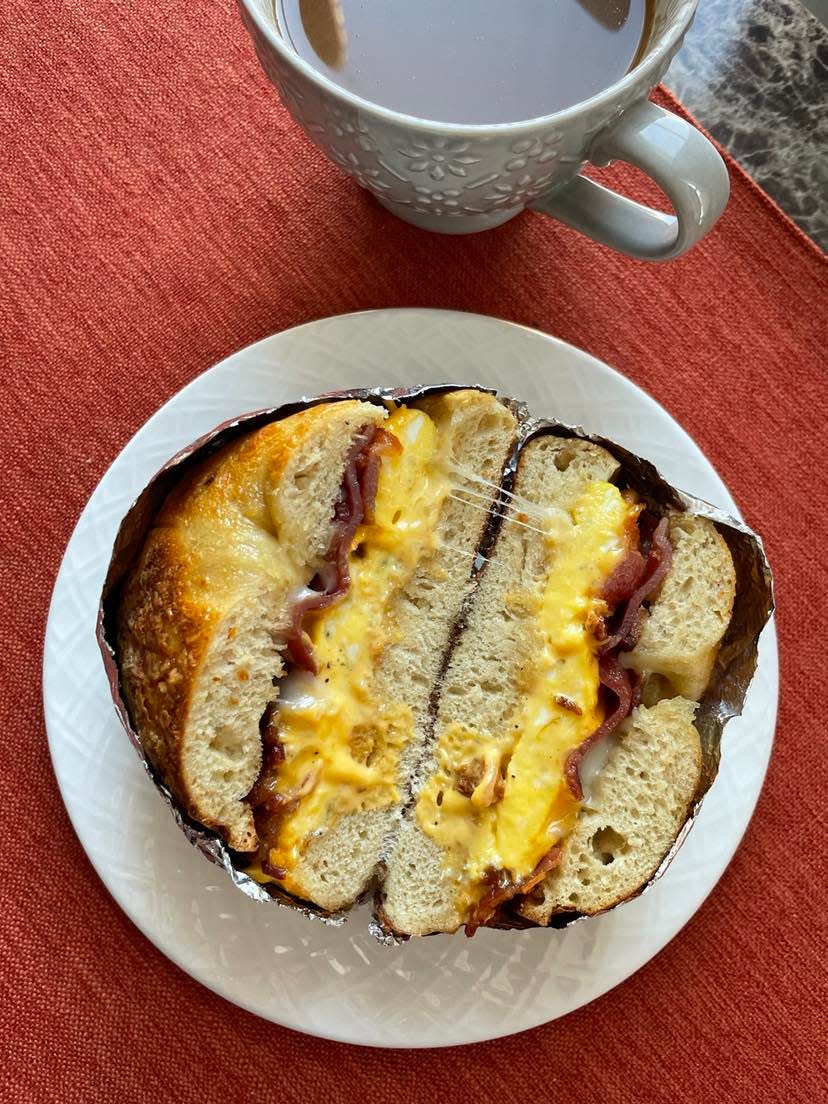 Lori V's serves homemade bagels and pizza as well as breakfast sandwiches. The bacon egg and cheese breakfast sandwich with crispy bacon and cheese that was complemented immensely by the aroma and freshness of the homemade Asiago bagel.