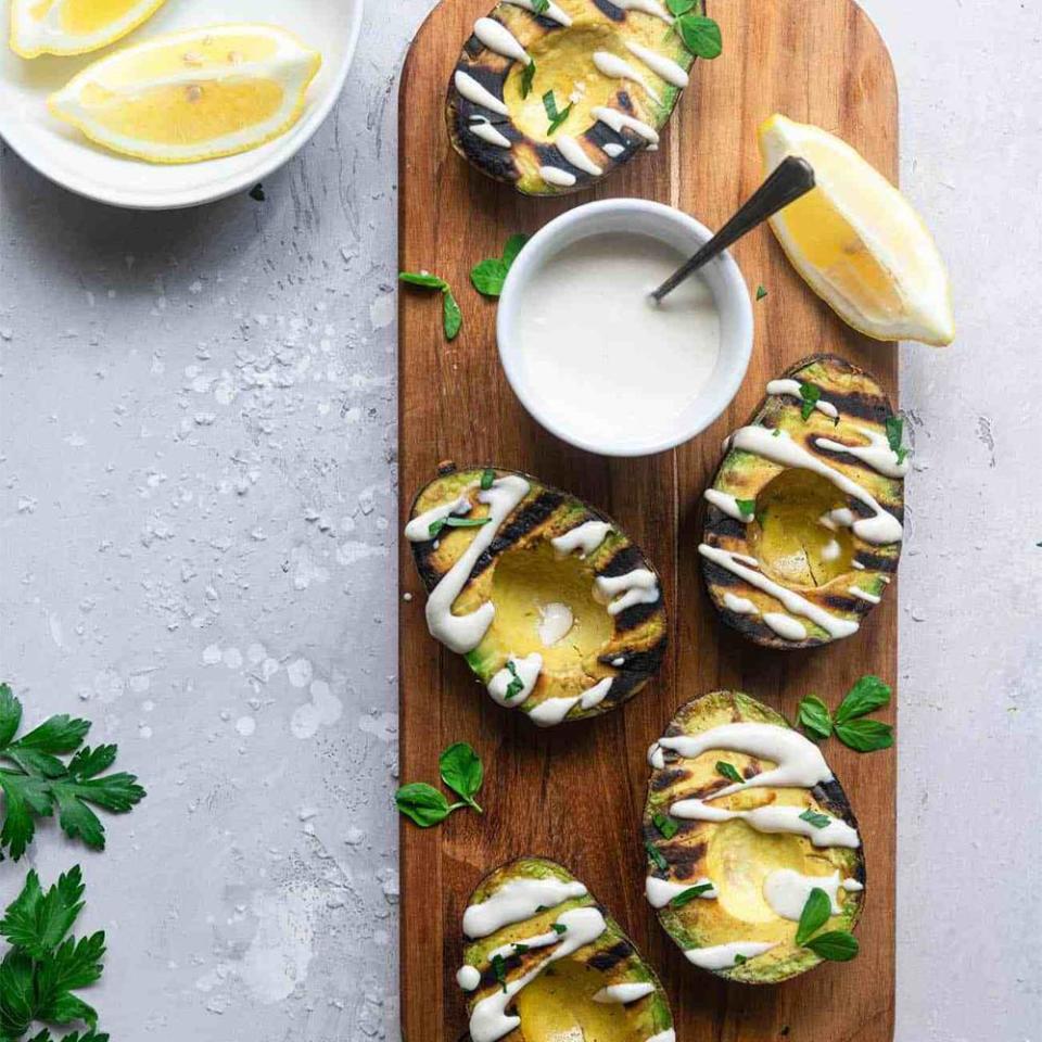 20) Grilled Avocados with Feta Tahini Sauce