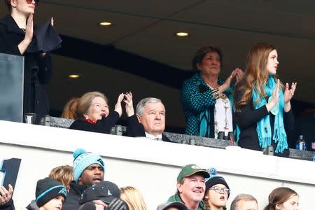 Dec 17, 2017; Charlotte, NC, USA; Carolina Panthers owner Jerry Richardson looks on from his box during the first quarter against the Green Bay Packers at Bank of America Stadium. Mandatory Credit: Jeremy Brevard-USA TODAY Sports