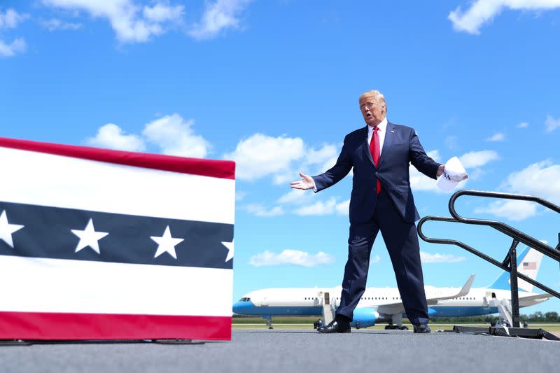 FILE PHOTO: U.S. President Trump speaks at Mankato Regional Airport during campaign travel to Mankato, Minnesota