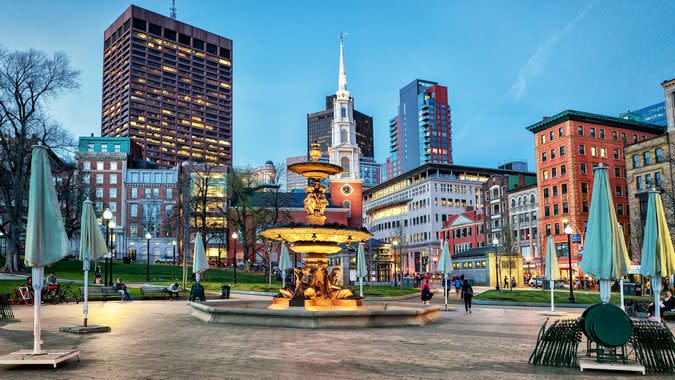 Boston, USA - April 28, 2015: Fountain at Boston Common public park and people in Boston, MA, United States.