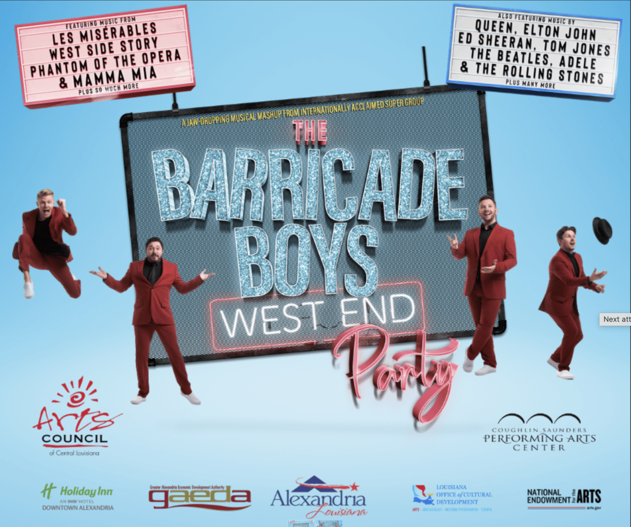 London’s West End is coming to downtown Alexandria when “The Barricade Boys” take the stage at the Coughlin-Saunders Performing Arts Center at 7:30 p.m. Saturday.