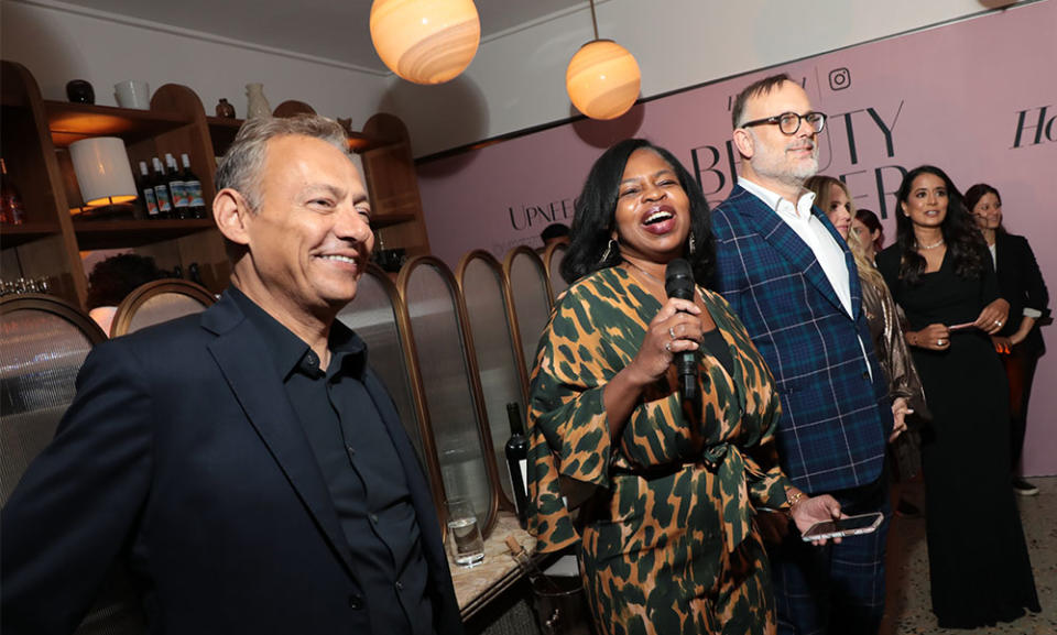 Maer Roshan, Nekesa Mumbi Moody and Degen Pener speak at the Hollywood Reporter Beauty Dinner honoring The Glam Squads presented by Instagram and sponsored by UPNEEQ at the Holloway House in West Hollywood, CA on Wednesday, October 25, 2023.