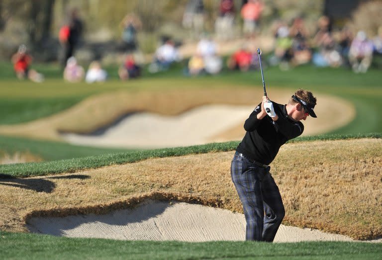 Ian Poulter plays his way out of a bunker during the quarter-finals of the WGC Match Play Championship on February 23, 2013. Poulter put away Steve Stricker 3 and 2, spoiling his American opponent's 46th birthday