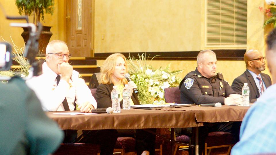 Monroe County D.A Sandra Doorley addresses community members at New Born Fellowship Church on Clinton Avenue.