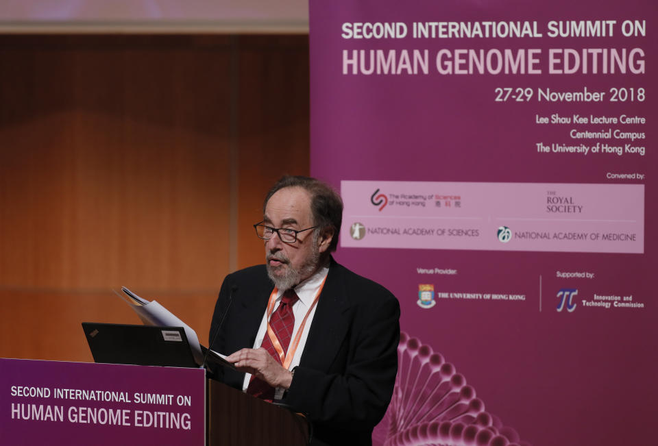 David Baltimore, Nobel laureate and chair of the organizing committee delivers the statement by the Organizing Committee during the Human Genome Editing Conference in Hong Kong, Thursday, Nov. 29, 2018. (AP Photo/Vincent Yu)