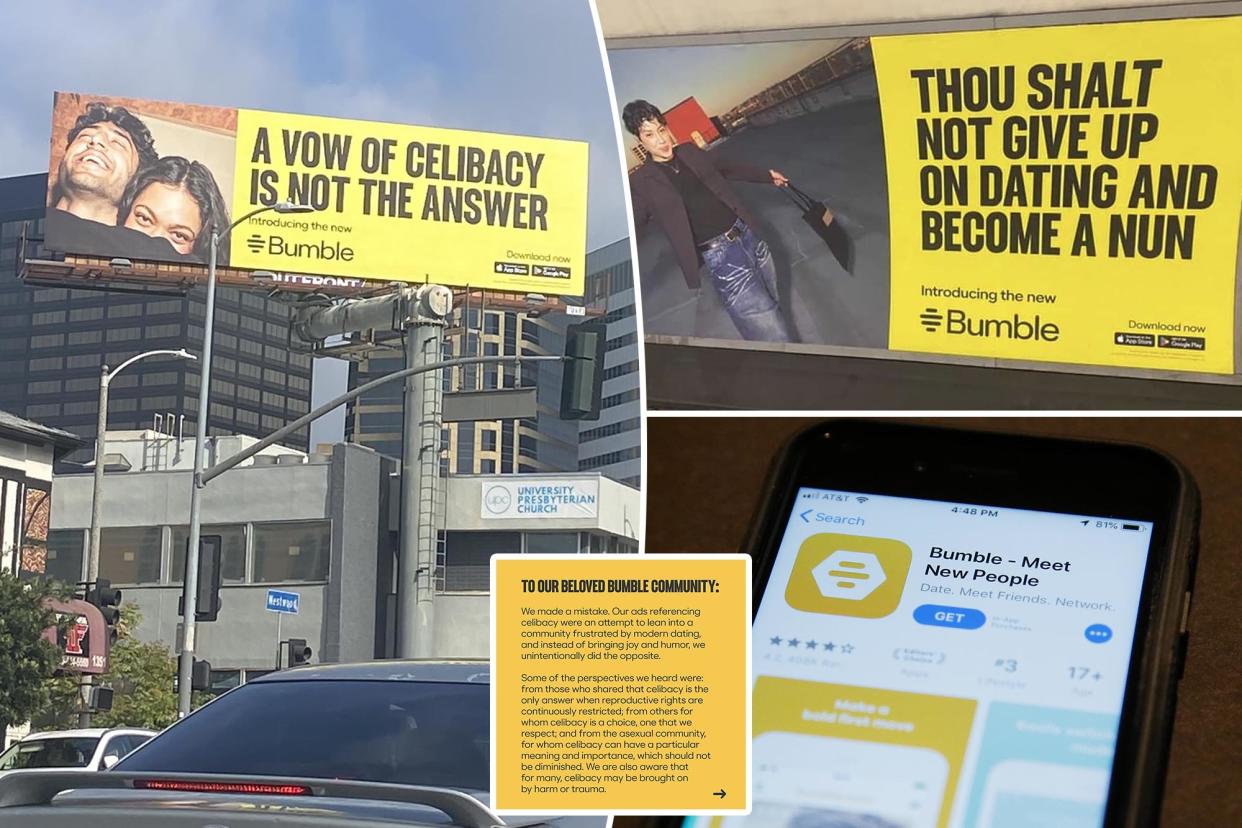 A collage of Bumble billboard ads discouraging celibacy, subject to removal due to online backlash