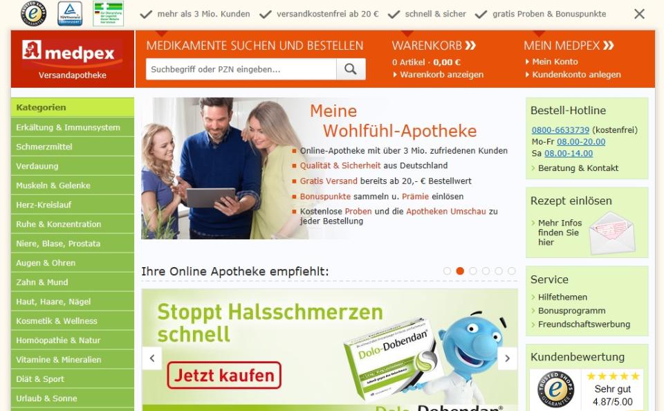<p>Medpex.de ist nicht die einzige Versandapotheke in den Top 10. Damit zeigt sich, wie wichtig der Bereich Gesundheit mittlerweile für das Online-Shopping geworden ist. (Foto: Medpex.de) </p>