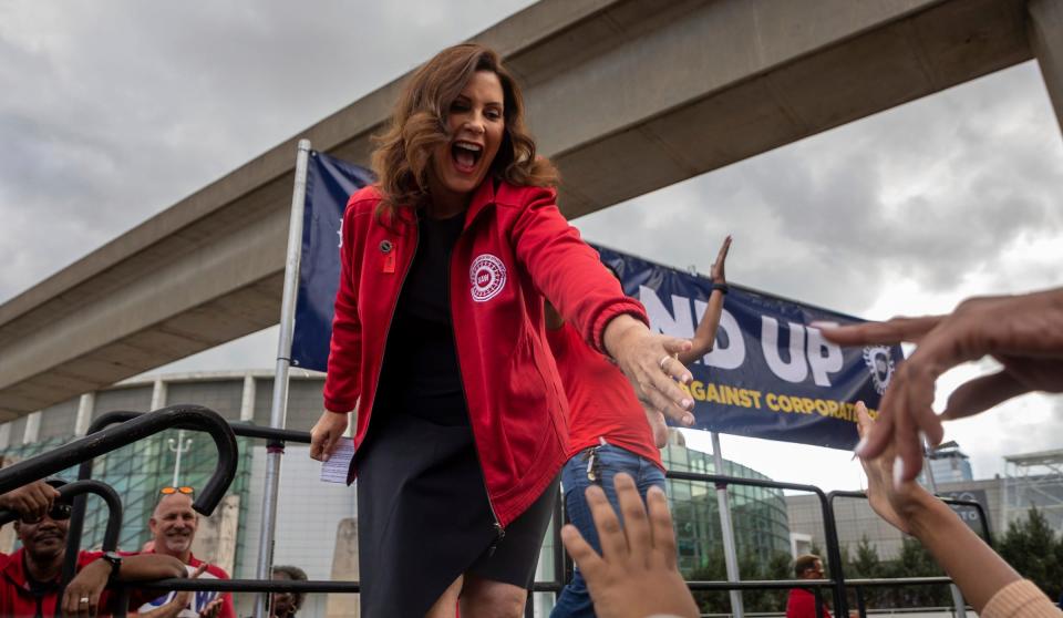 Gov. Gretchen Whitmer greets supporters after speaking to United Auto Workers gathered and community members during a rally outside the UAW-Ford Joint Trusts Center in Detroit on Friday, Sept. 15, 2023.