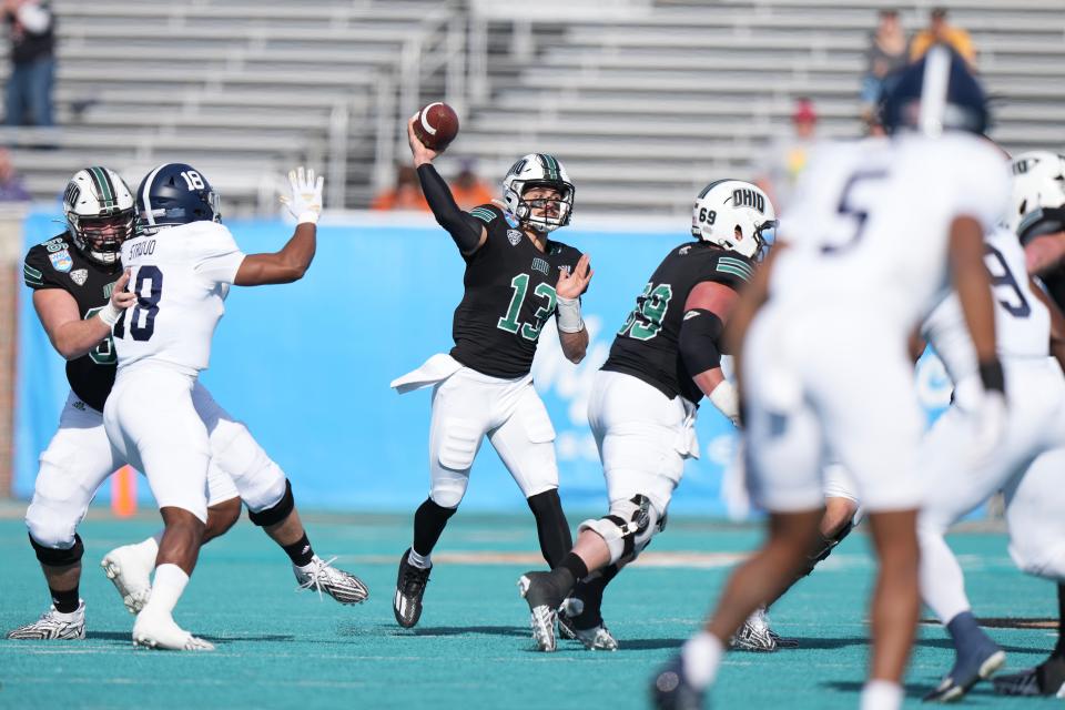 Dec 16, 2023; Conway, SC, USA; Ohio Bobcats quarterback Parker Navarro (13) throws the ball in the first half against the Georgia Southern Eagles at Brooks Stadium. Mandatory Credit: David Yeazell-USA TODAY Sports