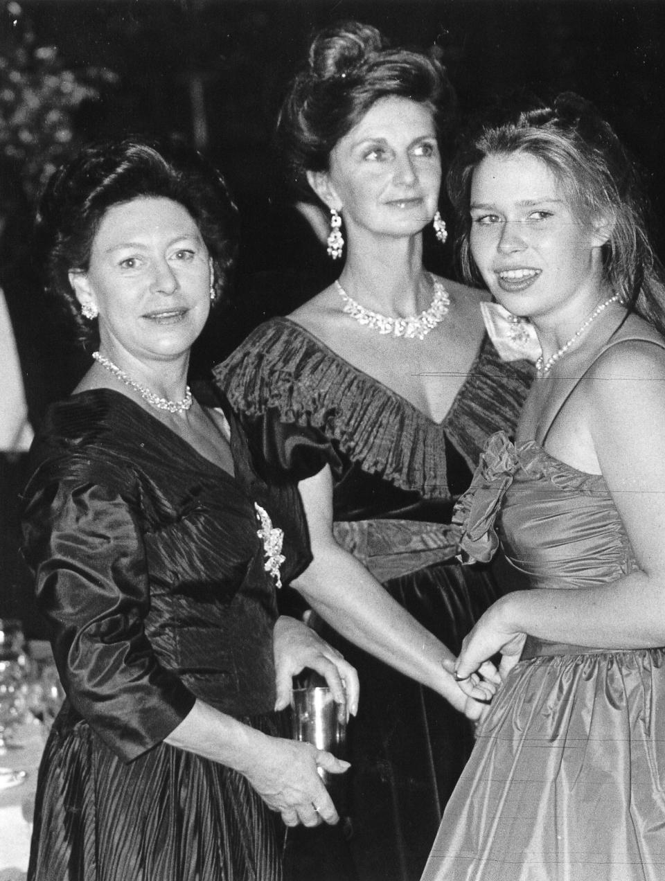 Jane Stevens at a Cartier launch in 1982 at Grosvenor House with Princess Margaret and the Princess's daughter Lady Sarah Chatto - Dafydd Jones