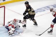 Florida Panthers' Sergei Bobrovsky (72) blocks a shot by Boston Bruins' Danton Heinen (43) during the second period in Game 4 of an NHL hockey Stanley Cup second-round playoff series, Sunday, May 12, 2024, in Boston. (AP Photo/Michael Dwyer)