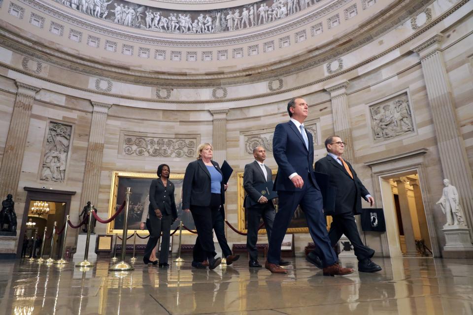 Rep. Adam Schiff (D-CA), Rep. Jerrold Nadler (D-NY), Rep. Zoe Lofgren (D-CA), Rep. Hakeem Jeffries (D-NY), Rep. Val Demings (D-FL), Rep. Jason Crow (D-CO) and Rep. Sylvia Garcia (D-TX) walk through the Rotunda of the U.S. Capitol on their way to the U.S. Senate January 16, 2020 in Washington, DC. The members of Congress were appointed as managers of the impeachment trial of President Donald Trump, which is expected to begin in earnest early next week.