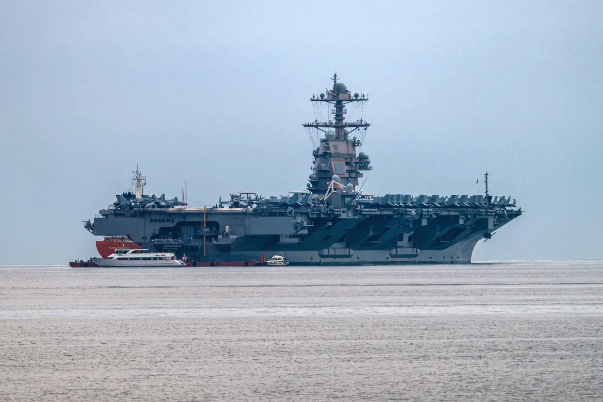 The USS Gerald R. Ford anchored in the Gulf of Trieste, Italy.