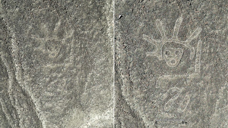 A geoglyph of a humanoid wearing a headdress is one of the newly discovered symbols. - Yamagata University Institute of Nasca