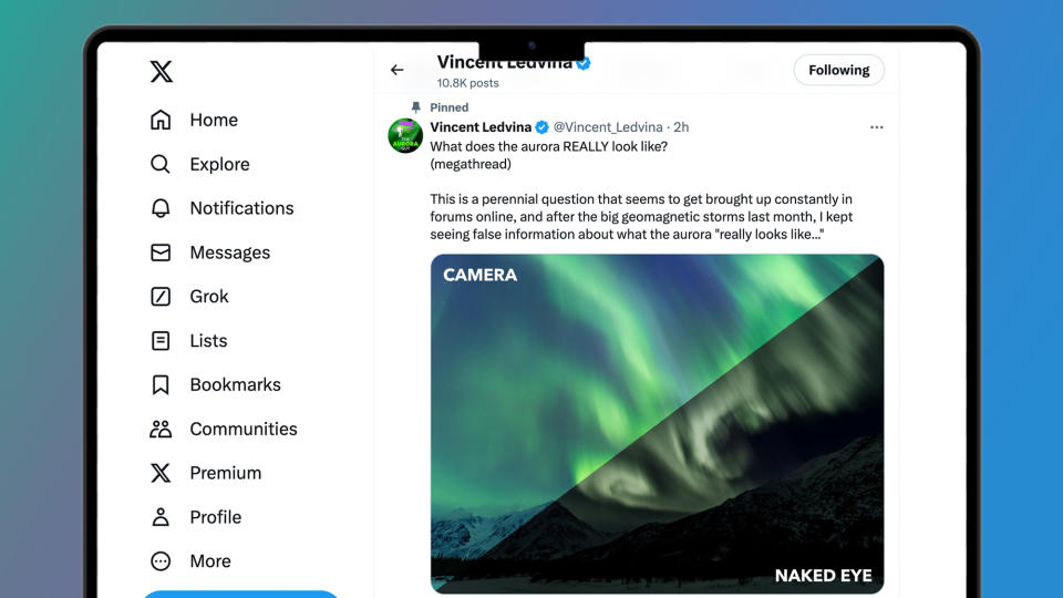 A laptop showing X (formerly Twitter) with a photo of the northern lights from Vincent Ledvina