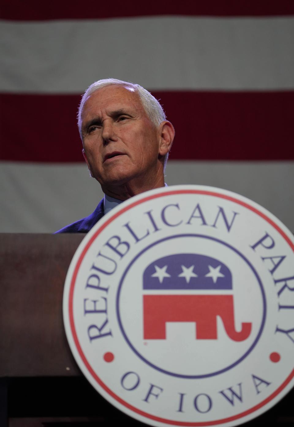 Former Republican vice president and current presidential candidate hopeful Mike Pence speaks during the Lincoln Dinner on Friday, July 28, 2023, at the Iowa Events Center in Des Moines.