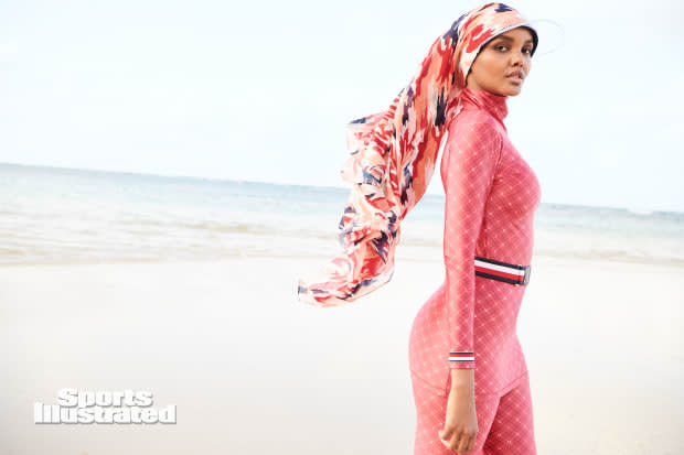 Halima Aden in custom Tommy Hilfiger burkini in the 2020 'Sports Illustrated' Swimsuit Issue.