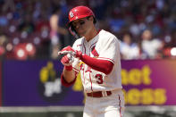 St. Louis Cardinals' Dylan Carlson celebrates after hitting an RBI double during the sixth inning of a baseball game against the Chicago Cubs Saturday, June 25, 2022, in St. Louis. (AP Photo/Jeff Roberson)