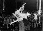 <p>Bianca Jagger and Sterling St. Jacques clear the dance floor in 1978, as they attempt an elaborate dance for fellow patrons. </p>