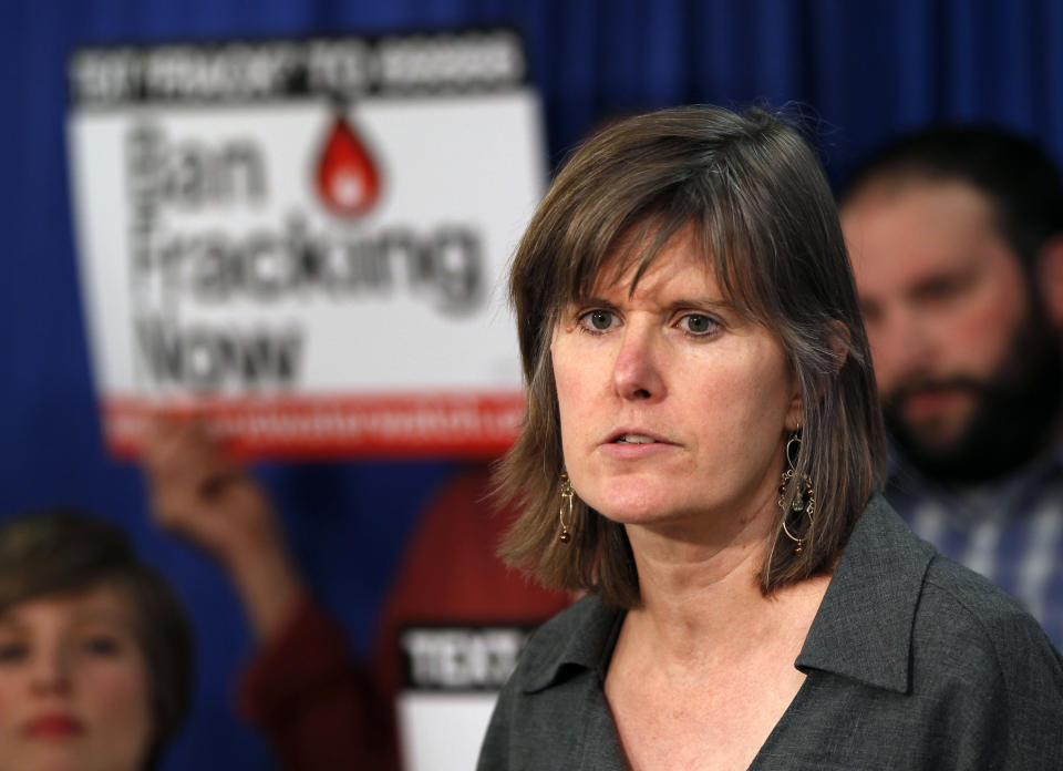 Author Sandra Steingraber speaks during a "New Yorkers Against Fracking" news conference in Albany, N.Y., on Monday, March 26, 2012. Dozens of grassroots environmental groups and several national organizations are joining forces to launch a coordinated campaign to ban natural gas development in New York state using high-volume hydraulic fracturing. (AP Photo/Mike Groll)