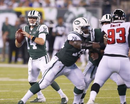 Aug 10, 2018; East Rutherford, NJ, USA; New York Jets quarterback Sam Darnold (14) looks to pass against Atlanta Falcons during first half at MetLife Stadium. Mandatory Credit: Noah K. Murray-USA TODAY Sports