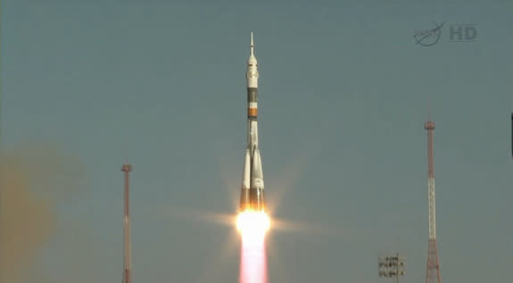 A Russian Soyuz rocket launches the Soyuz TMA-06M space capsule into orbit carrying three new members of the International Space Station's Expedition 33 crew on Oct. 23, 2012. The Soyuz launched from Baikonur Cosmodrome, Kazakhstan, and carried